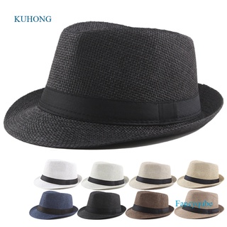 Kuhong ผู้ชาย ผู้หญิง ฟาง Fedora หมวก Trilby Cuban หมวกกันแดด ปานามา ปีกสั้น ดอกไม้ ฤดูร้อน