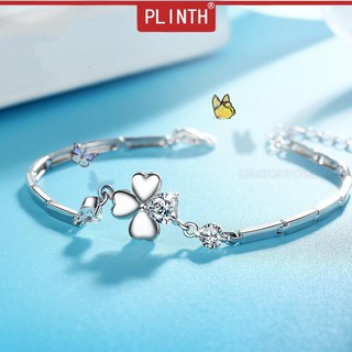 PLINTH สร้อยข้อมือเงินแท้ 925 จี้รูปใบโคฟเวอร์ สี่ใบ แบบเรียบง่าย แฟชั่นสไตล์ญี่ปุ่น เกาหลี