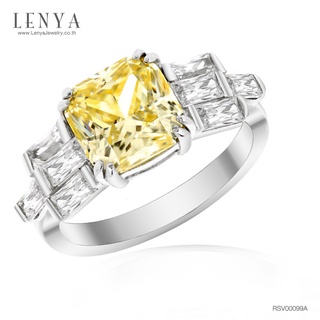 Lenya Jewelry แหวนเพชร DiamondLike สีเหลืองตัดแบบ Princess ประกบด้วยเพชร DiamondLike สีเหลี่ยมเม็ดใหญ่แนวยาว 8 เม็ด