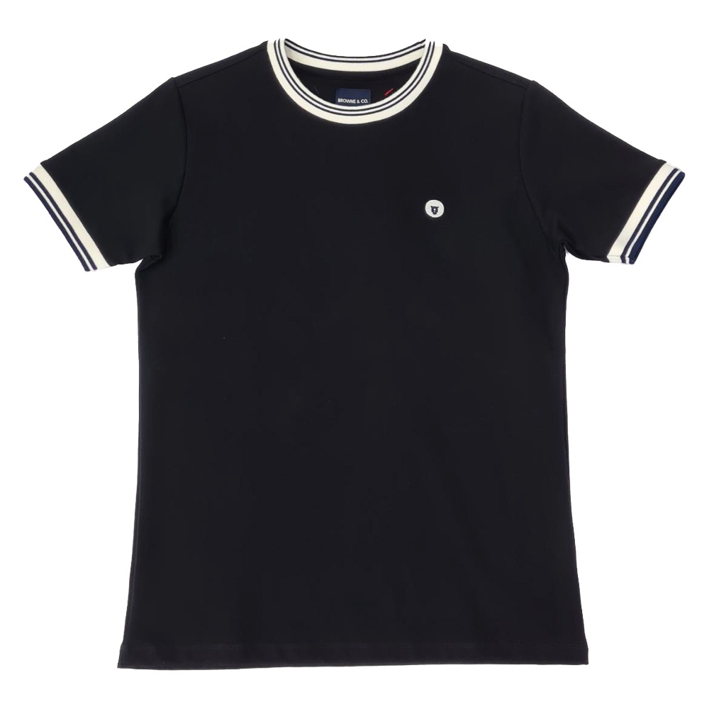 BROWNE & CO. เสื้อยืด คอตตอน สีดำ คอ แขน ตัดต่อผ้าทอลาย รุ่น BKC030-1-BL