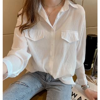 Womens tops Korean style loose mid-length white shirt