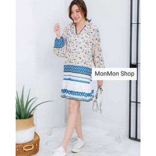 MONMONSHOP👗MON5778 เดรสพิมพ์ลายดอกไม้สไตล์เกาหลี แต่งแขนพอง คอวี แต่งชายระบาย งานน่ารักมากๆค่ะ