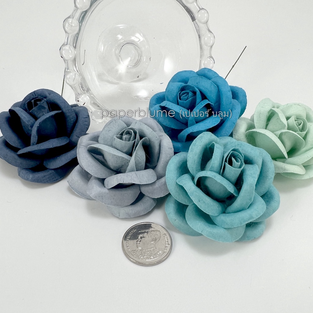 50mm/5 ซม/2 นิ้ว โทนสีฟ้า ดอกไม้กระดาษสา งานประดิษฐ์ งานแต่ง Mulberry Paper Flower กุหลาบเวียงพิงค์กลม ใหญ่ 60 ฺBlue