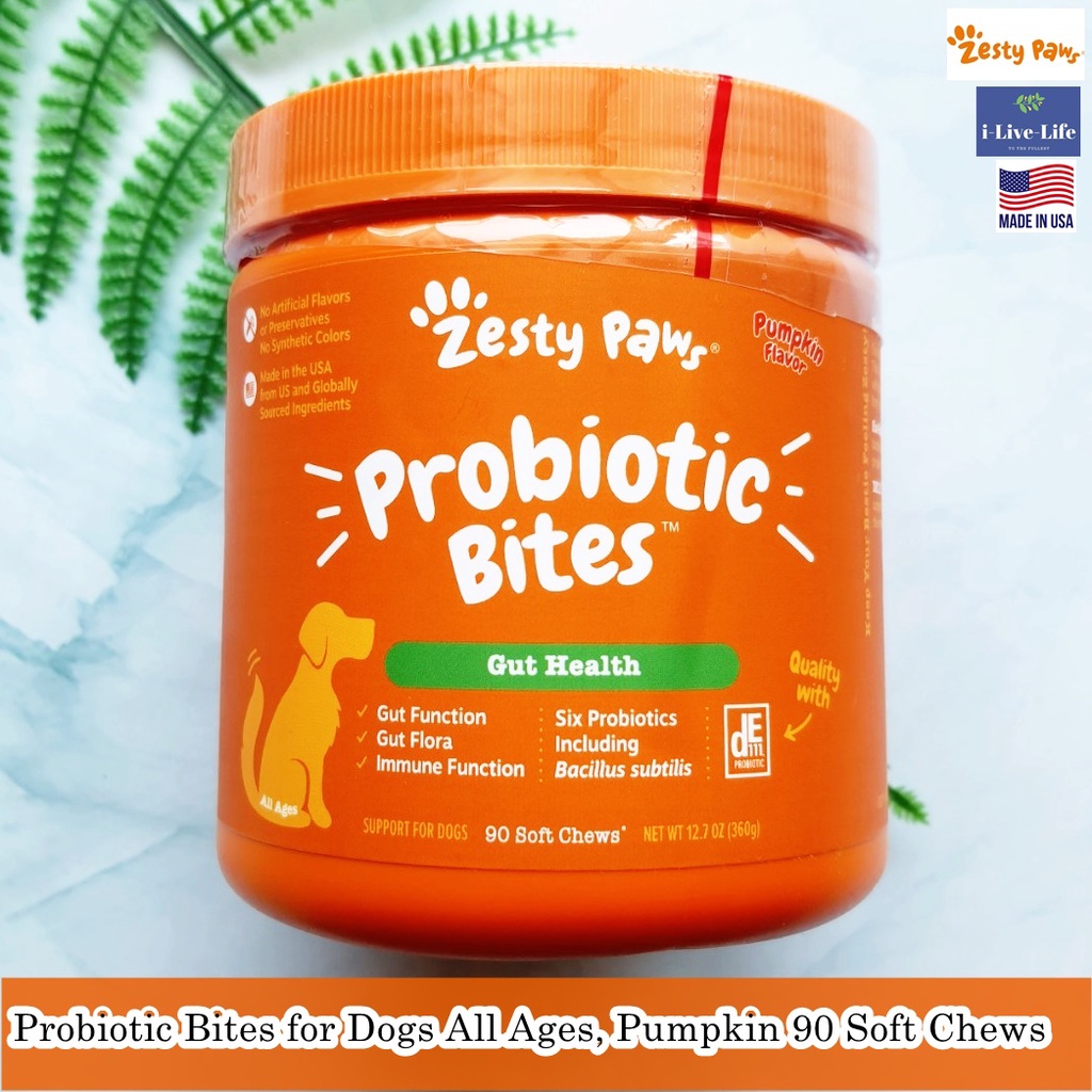 Zesty Paws - Probiotic Bites for Dogs All Ages, Pumpkin 90 Soft Chews รสฟักทอง สำหรับสุนัข ทุกขนาด