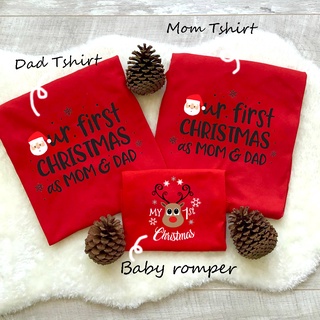 TT-First Christmas As Mom &amp; Dad T Shirt + Baby Red Cotton Romper Family Set Matching Outfit Happy New Year Clothes