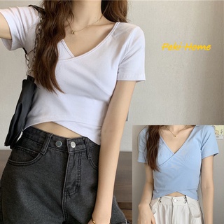 เสื้อครอปคอวีเนื้อผ้าฝ้าย ครอปแขนสั้นเนื้อผ้า เสื้อครอปทรงสวยแต่งตัวได้หลายสไตล์