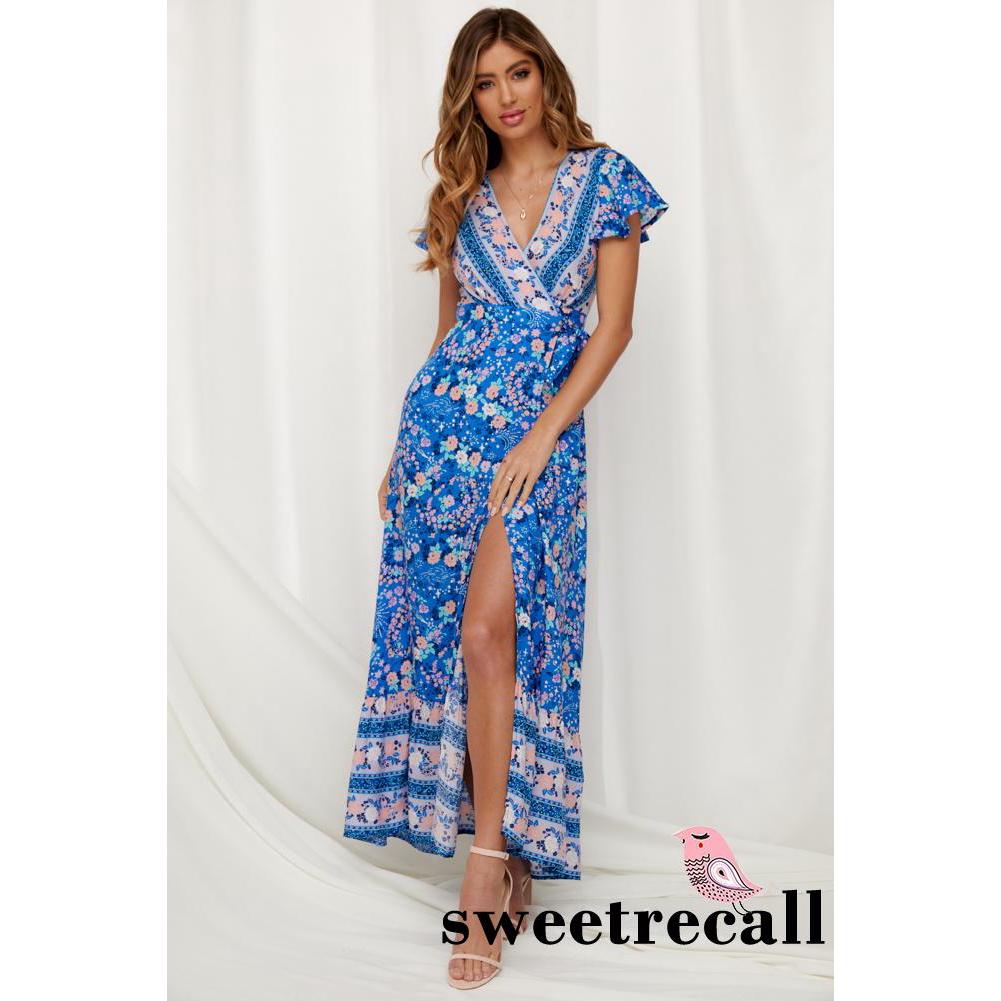 ★_★-Womens V-Neck Floral Split Dress Boho Summer Beach Casual Long Sundress HUA