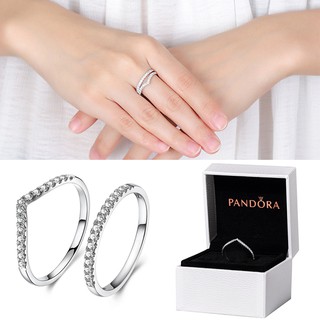 Pandora แหวนเงิน 925 รูปตัว V ประดับเพชร เพทาย สไตล์โรแมนติก คลาสสิก พร้อมกล่อง สําหรับผู้หญิง 2 ชิ้น ต่อชุด