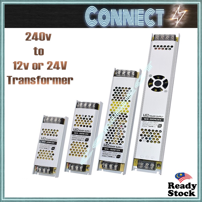 12v แหล่งจ่ายไฟ 24v Slim Transformer 60W 100W 150W 200W 300W 5A 8.3A 12.5A 16.6A 25A