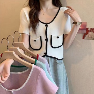 Bonnie(พร้อมส่ง/ใหม่)#94146เสื้อยืดแขนสั้นผู้หญิงเสื้อสเวตเตอร์คอสี่เหลี่ยมผู้หญิงฤดูร้อนกระเป๋าแฟชั่นสไตล์ต่างประเทศ