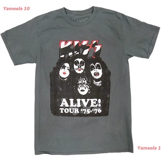 เสื้อยืดผ้าฝ้ายพิมพ์ลายขายดีYameela 10 KISS Official Unisex Graphic T-Shirt – Alive! Tour 75 – 76, คิส วงร็อค เสื้อพิม