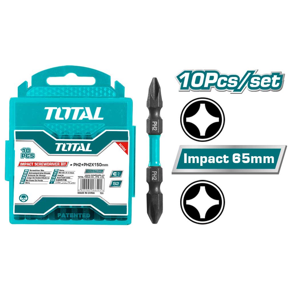 TOTAL TACIM16PH233 ดอกไขควงลม PH2+PH2 ขนาด 65 mm หัวแม่เหล็ก (แพ็ค 10 ดอก)