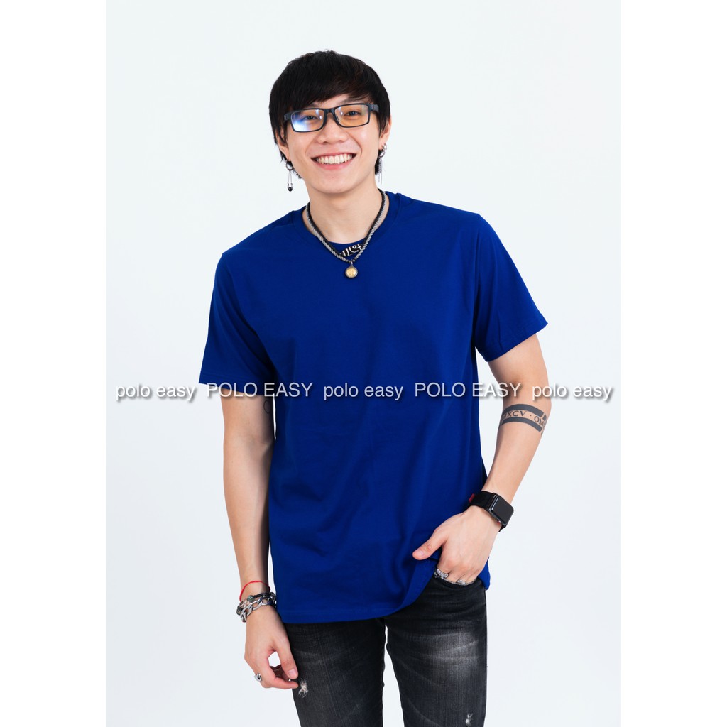 เสื้อยืดแฟชั่น ผู้ชาย T-Shirt Cotton 100% คอกลม แขนสั้น สีน้ำเงิน