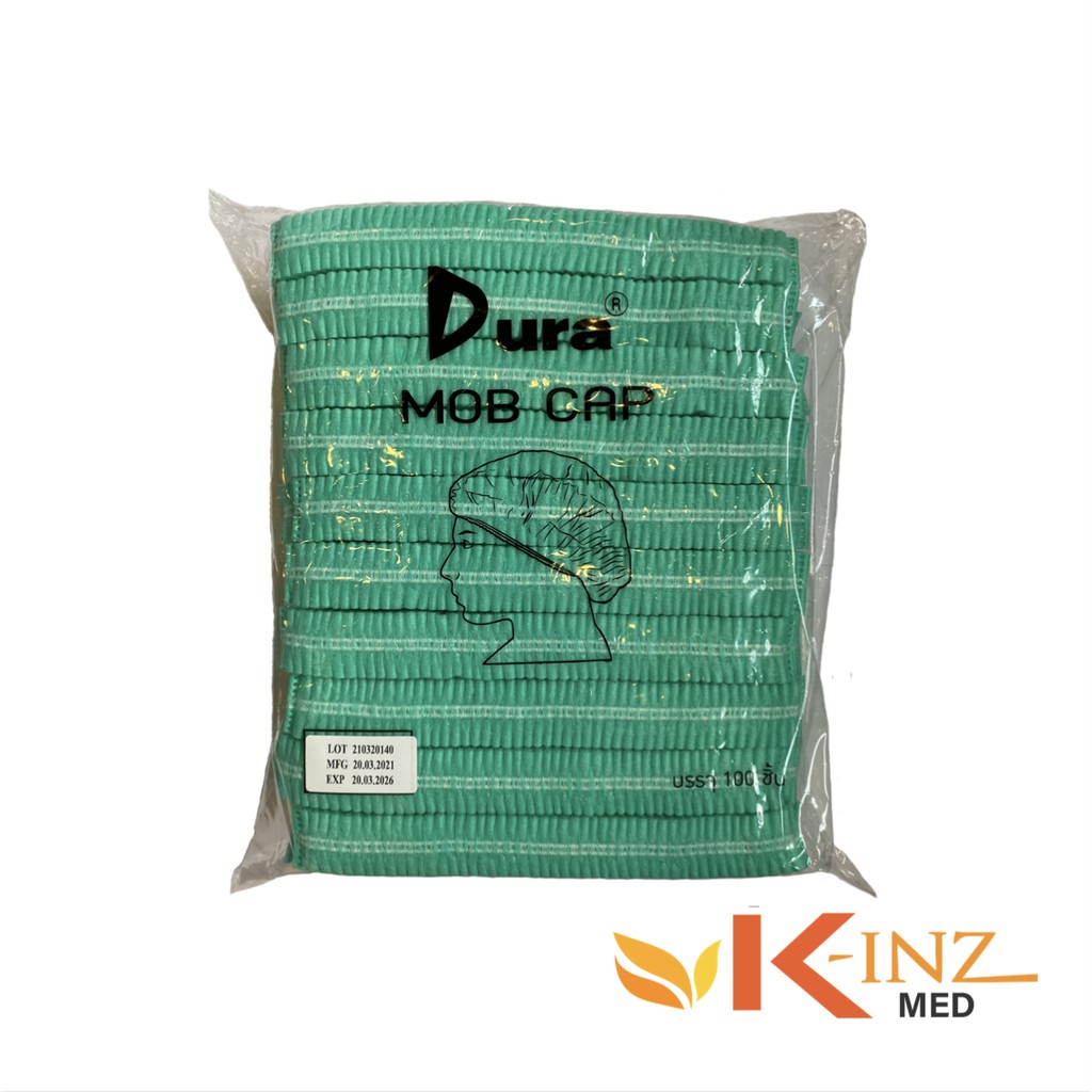 หมวกคลุมผมแบบตัวหนอนยี่ห้อ ดูร่า DURA แบบยางยืด (100 ใบ/ถุง) สีเขียว