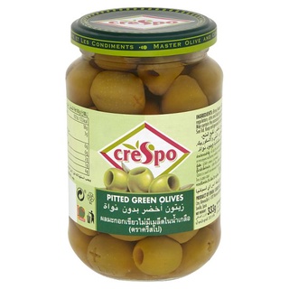 🔥ขายดี!! ครีสโป ผลมะกอกเขียวไม่มีเมล็ดในน้ำเกลือ 333กรัม Crespo Pitted Green Olives in Brine 333g