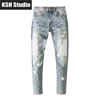 AMIRI Embroidery White Five-Pointed Star Leather Patchwork Washing Patch Worn Jeans Mens High Street