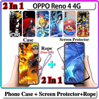 2 IN 1 เคส OPPO Reno 4 4G เคส พร้อมกระจกนิรภัยโค้ง ป้องกันหน้าจอ เซรามิค นารูโตะ และการออกแบบ One Piece