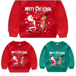 เสื้อเด็ก เสื้อ chrismas เด็กแขนยาว ลายซานต้า และ กวาง