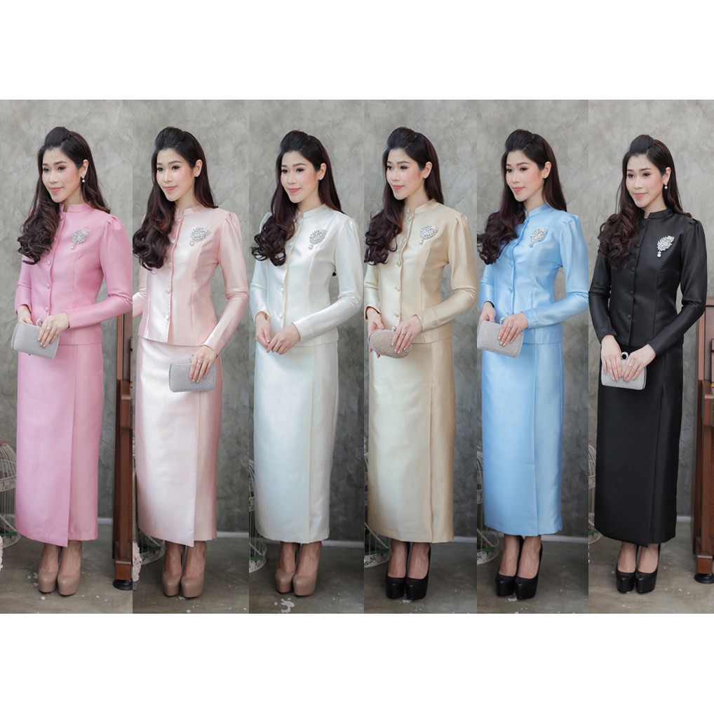 S-XXL ชุดไทยจิตรลดา เสื้อแขนยาวกระดุมหน้า สีขาว/ครีม/ชมพู/ฟ้า/ทอง