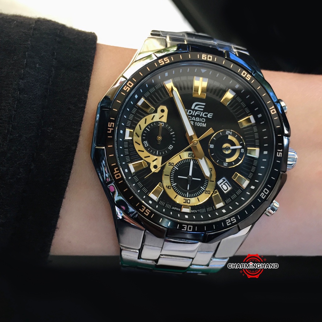 นาฬิกาข้อมือผู้ชายแท้ Casio Edifice นาฬิกาคาสิโอลดราคา หน้าปัดสีดำตัดกับสีทอง สายสแตนเลส ย้ำขายเฉพาะของแท้ มีใบรับประกัน