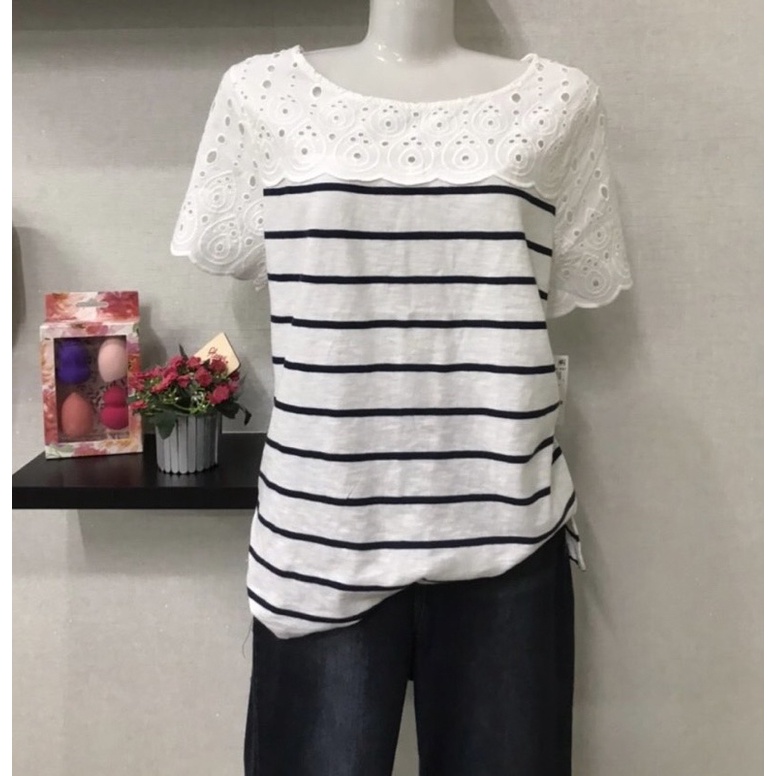 [สหรัฐอเมริกาผลิตภัณฑ์] เสื้อยืด HORIZONTAL STRIPED - DOLLAR LACE ‍ ️ KAREN SCOTT BRAND
