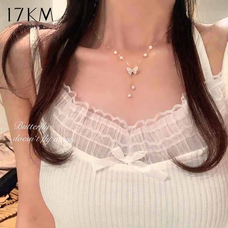 สร้อยคอโชคเกอร์ ประดับมุก จี้ผีเสื้อ สีทอง ยาว 17 กม. เครื่องประดับ สําหรับผู้หญิง