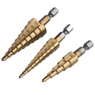 💗 3pcs ดอกสว่าน ดอกเจาะคว้านรู ดอกเจดีย์ Hexagonal Shank Step Drill Cone Drill Bit Hole Groove Metal Wood Cutter