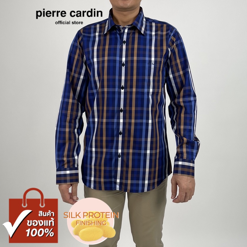 Pierre Cardin เสื้อเชิ้ตแขนยาว Silk Protein Finishing Slim Fit รุ่นมีกระเป๋า ผ้า Cotton 100% [RCC771F-BR]