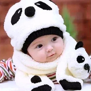 P30 หมวกเด็กทารก พร้อมผ้าพันคอ หมีแพนด้า (สีขาว) BabyHat-PandaWhite