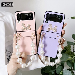 Hoce เคสโทรศัพท์มือถือหนัง แบบแข็ง ประดับโบว์ ไข่มุก หรูหรา สําหรับ Samsung Galaxy Z Flip 4 Z Flip 3 5G ZFlip3 ZFlip4