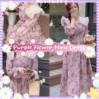 Purple Flower Maxi Dress เดรสคอบัวลายดอกไม้ โทนสีม่วง แขนยาว เนื้อผ้าชีฟองพริ้ว เดรสลายดอกไม้ เดรสกระโปรง งานป้าย