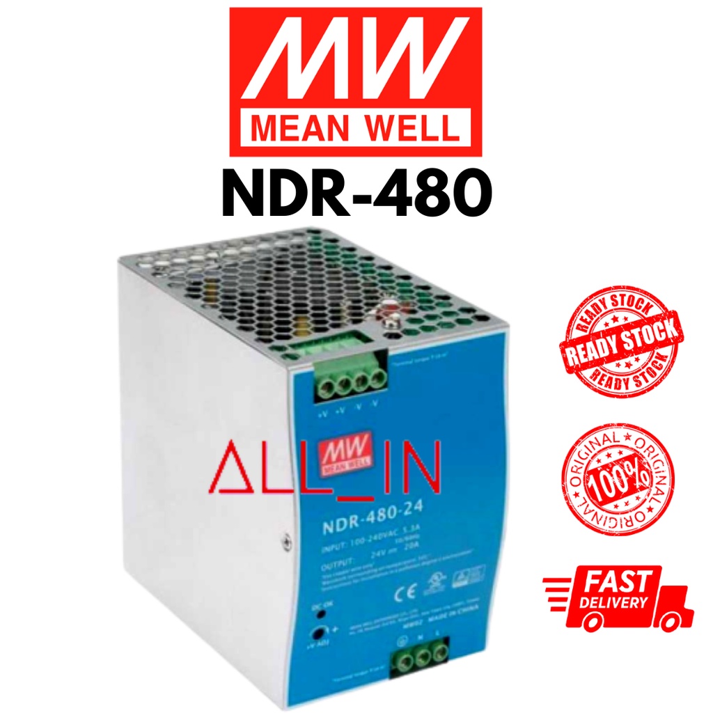 Mean Well Meanwell NDR-48-24 24V 480W 20A แหล่งจ่ายไฟประเภทราง Din แบบปรับได้