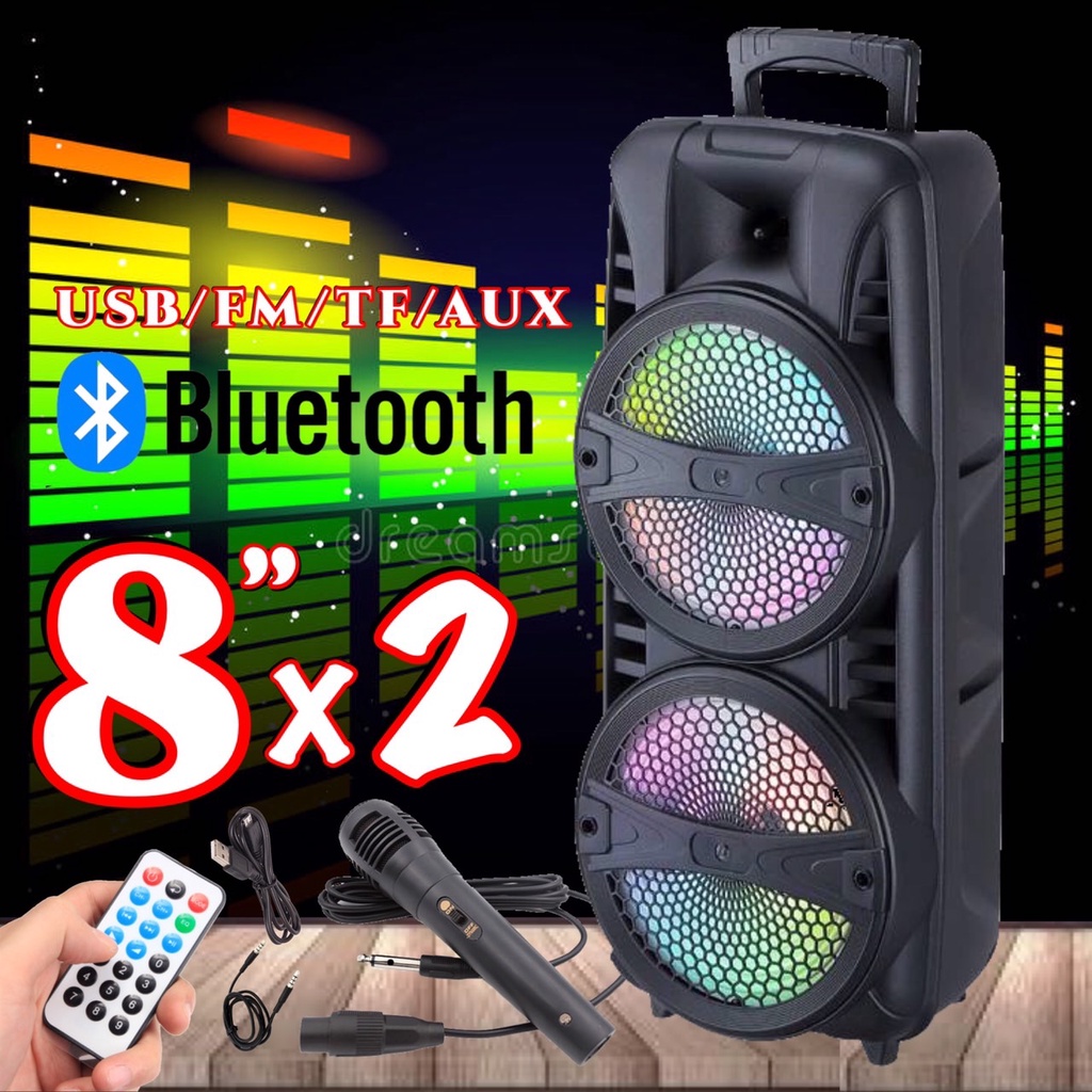 ลำโพงบลูทูธ  8นิ้วคู่ 2000 W ไร้สาย ลำโพง Bluetooth ซับวูฟเฟอร์ แถม ฟรี ไมค์สาย1ตัว ลำโพงอเนกประสงค์