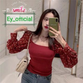 Ey_official#C370-1#พร้อม​ส่ง​เสื้อไหมพรมแขนยาวลายจุด