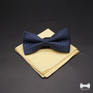 เซ็ทหูกระต่ายน้ำเงินลายจุด + ผ้าเช็ดหน้าสูทวูล-Blue Bowtie + Wool Pocket square