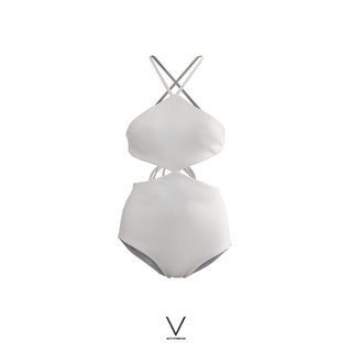 V ACTIVEWEAR SS2022/1 OPEN WAIST TIE BACK WHITE SWIMMING SUIT ชุดว่ายน้ำตัดต่อเปิดเอวผูกหลัง มีฟองน้ำในตัว กัน UV UPF50+