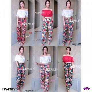 TwinsShopVip💗พร้อมส่ง TW4385 จั้มปาดไหล่ กางเกงดอก Off the shoulder jumpsuit, floral pants