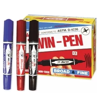 Horse ปากกาเคมี 2 หัว ตราม้า Twin Pen Marker หัวตัดและหัวกลมในด้ามเดียว (ราคาต่อ 1 ด้าม)