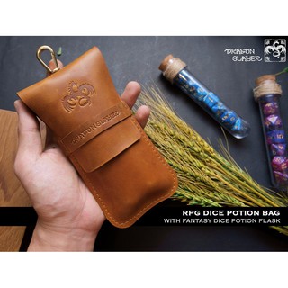 RPG Dice Potion Bag With Fantasy Dice Potion Flask Set: Tan Leather Double Potion Bag with Leather Stamped &amp; Dice Potion