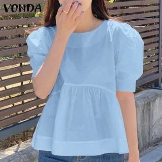 Vonda เสื้อเบลาส์ แขนครึ่งแขน สีพื้น สไตล์เกาหลี สำหรับผู้หญิง