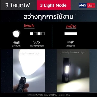 MaxLight ไฟฉายพกพา สว่าง ไฟฉายแรงสูง ไฟ 3 ระดับ มีไฟกระพริบ Zoom ส่องไกลได้ เล็กกะทัดรัด ชาร์จ USBได้ วัสดุโลหะ