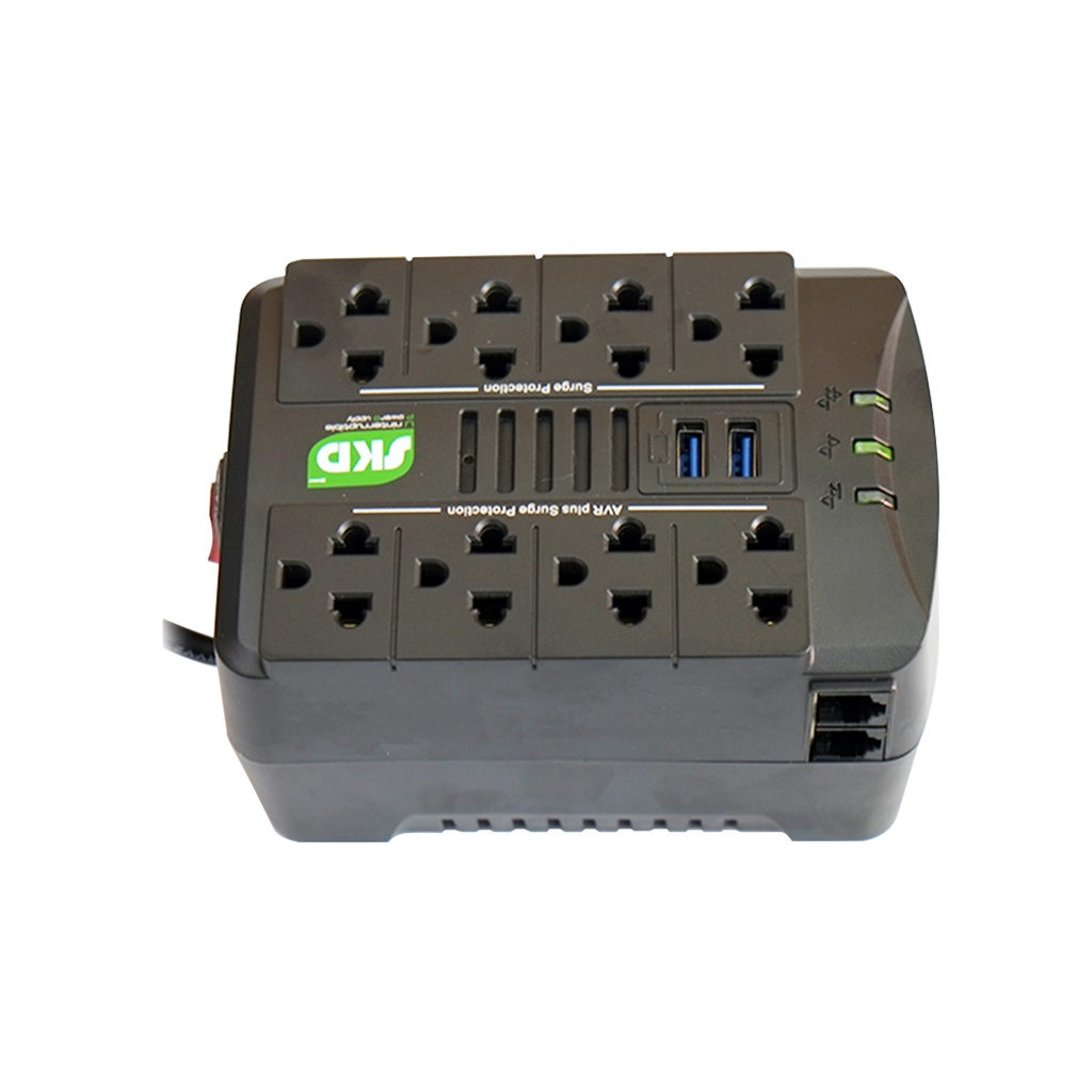 SKD Spina ป้องกันปัญหา ไฟตก-ไฟเกิน ไฟกะชาก(เคลมผ่าน 7-11 ได้)Stabilizer (AVR+USB เต้าเสียบบน) ไม่สำรองไฟ Automatic-1 ปี