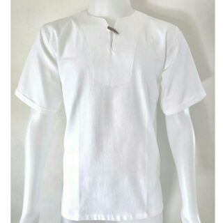 [ส่งฟรี]เสื้อผ้าฝ้าย 100% คอวี กระดุมไม้ แขนสั้น สีขาว