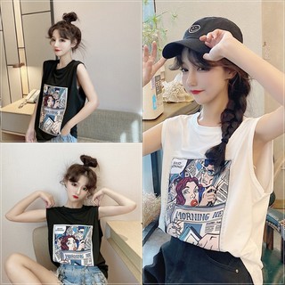 🔥ราคาถูกที่สุด🔥เสื้อยืดคอกลมแขนกุดทรงใหญ่ ลายหนังสือการ์ตูน 2 สี