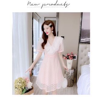 🌸Rose Lace Dolly Dress🌸 Size S เดรสลูกไม้ เดรสสั้น คอระบาย แขนตุ๊กตา สีชมพู โอรส เดรสออกงาน งานแต่ง งานบุญ งานบวช