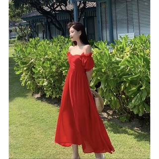 ** พร้อมส่ง ที่ไทย🇹🇭 **Maxi dress สีแดงแขนตุ๊กตา