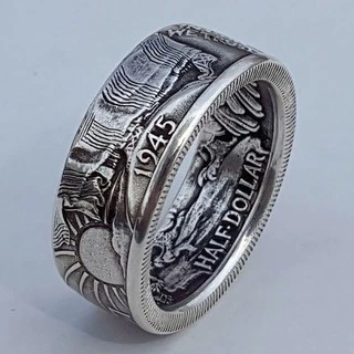 24K Gold Plated Handmade เหรียญแหวน Vintage Morgan Silver Half Dollar 1945 แกะสลัก "the United State of Ring