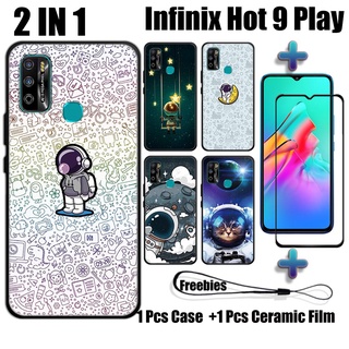 2 IN 1 เคส NASA พร้อมกระจกนิรภัย สําหรับ Infinix Hot 9 Play เคสโทรศัพท์ และตัวป้องกันหน้าจอเซรามิค โค้ง