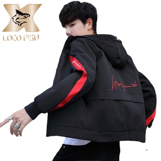 LOCO FISH  แฟชั่นบุรุษเสื้อแจ็คเก็ตผ้าฝ้ายเข้ารูปมีซิปไซส์ M - 4XL