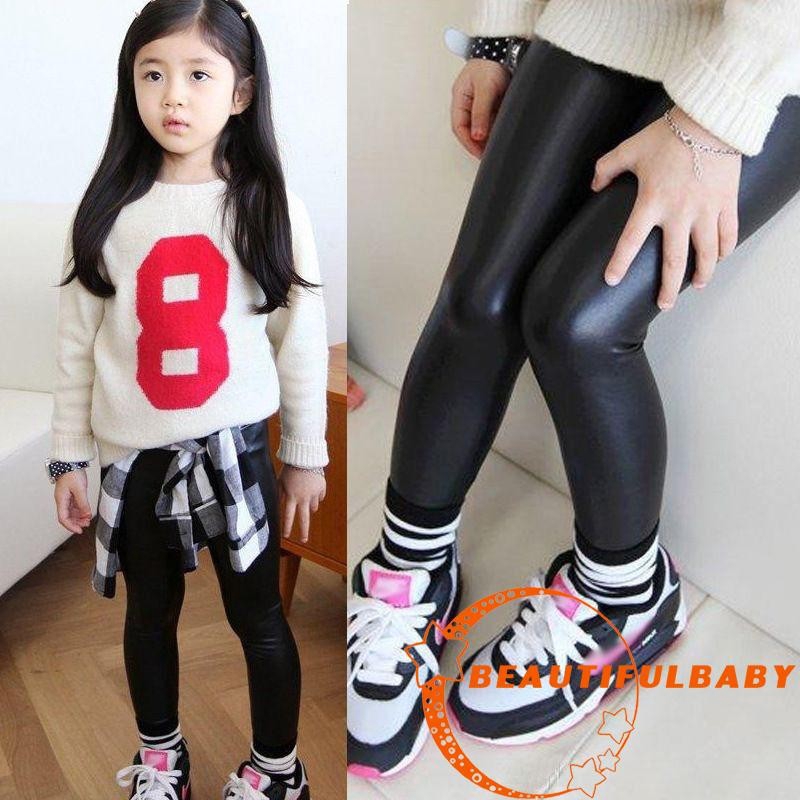 Bღbღเด็กทารกเด็กผู้หญิงสีดําหนัง Faux ยืดกางเกงผอมกางเกงขายาว 1-8Y